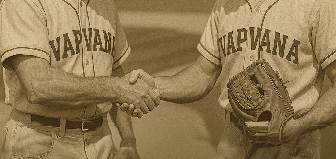Two old time baseball players shaking hands with Vapvana uniforms on